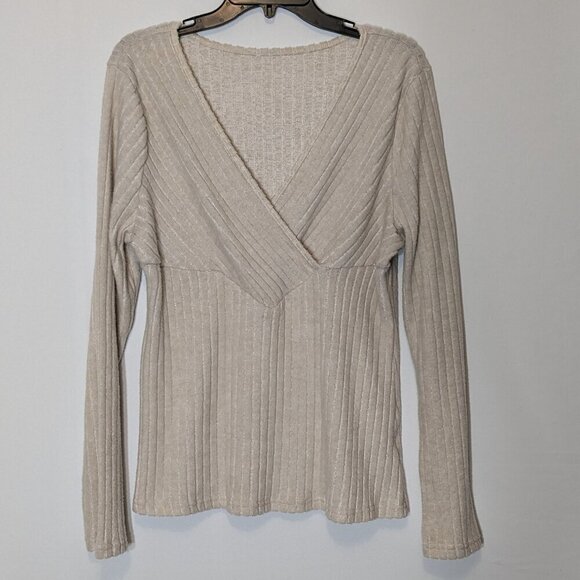 Beige Long Sleeved Ribbed Faux Wrap Soft Pullover Slim Fit Sweater; Size XL - Picture 1 of 5